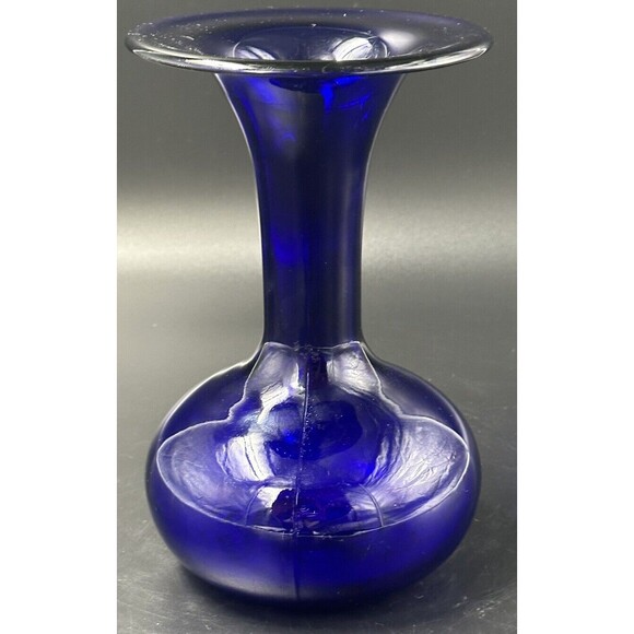 Vintage Handblown Deep Cobalt Blue Glass Flared Gooseneck Vase with Bulbous Base - Picture 2 of 6